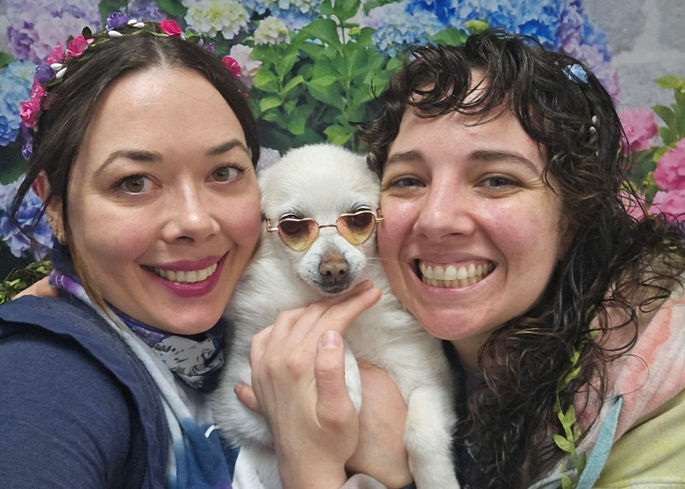 Anna and Amanda with Pearl the Pomchi At Hippie Hounds, we care for every dog as if they were our own.