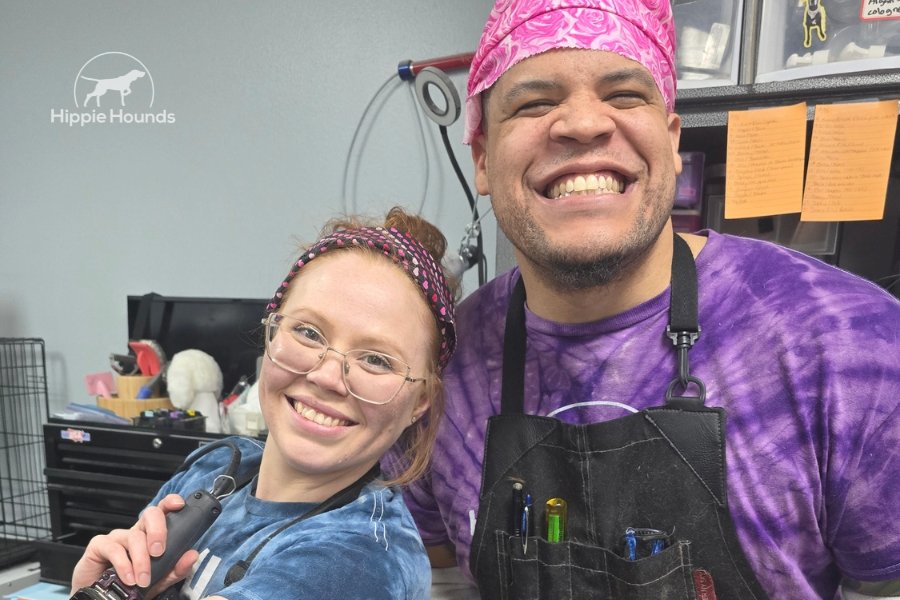 Two professional dog groomers on the Hippie Hounds team, Allie and Aaron. Hippie Hounds only hires experienced, professional dog groomers who have training with aggressive dogs.